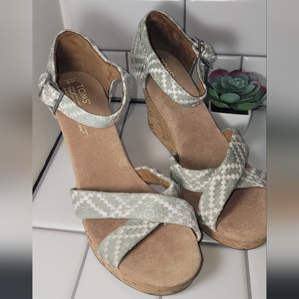 Toms Aztec Adjustable Strap Open-Toe Cork Wedge Platform Sandal 9